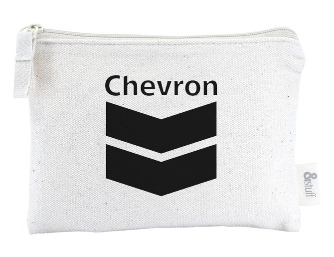 A white pouch featuring a black chevron design and a branding label. Suitable for cards and keys.