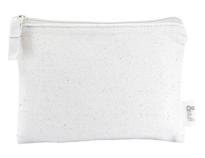 A white canvas pouch with a zipper, featuring a small branding label. Suitable for holding cards and keys.