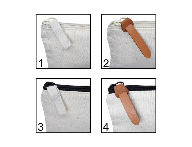 A cream pouch with a zipper, featuring a tan leather strap and a fabric tab for easy opening.