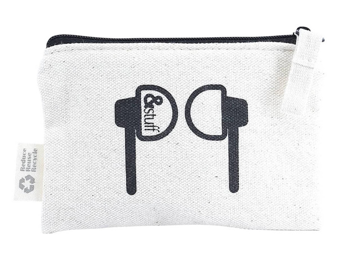 A white earphone pouch with a zip, featuring a logo and graphic design of earphones.