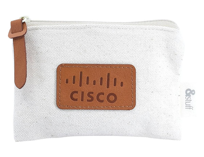 A white calico earphone pouch with a brown leather-style logo patch and a zip closure.