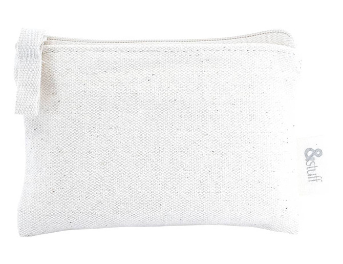 A small white fabric pouch with a zip closure, featuring a logo tag. Ideal for storing earphones or small items.