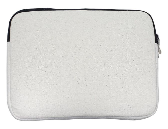A light grey laptop sleeve with a black zipper, featuring a simple design and no visible branding.