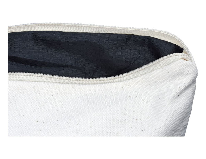 A white toiletry/makeup bag with a zippered top, featuring a black interior lining and speckled texture.