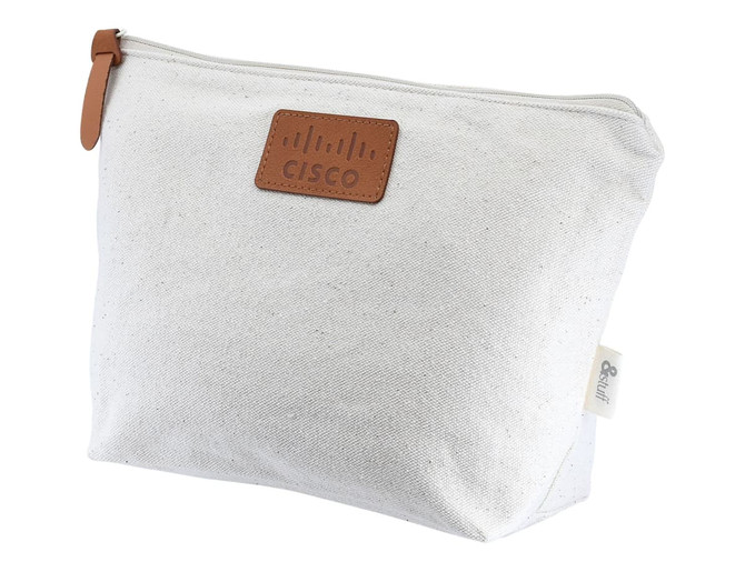 A white toiletry/makeup bag with a brown leather tag and a logo, featuring a zip closure.