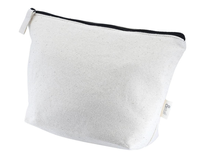 A cream toiletry/makeup bag with a zip closure, featuring a branding tag on the side.
