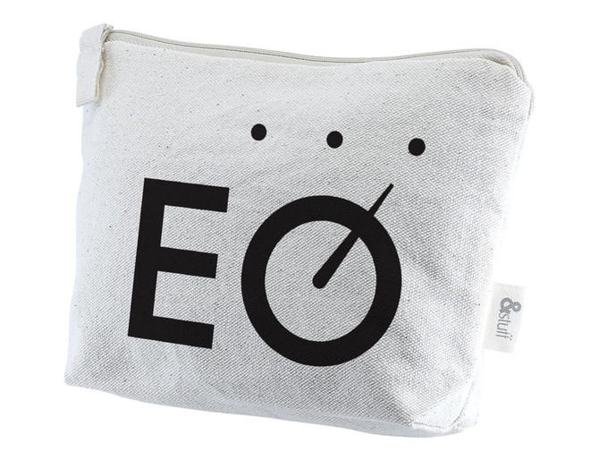 A white toiletry pouch featuring a simple black logo design. It has a zip closure and is made of durable fabric.