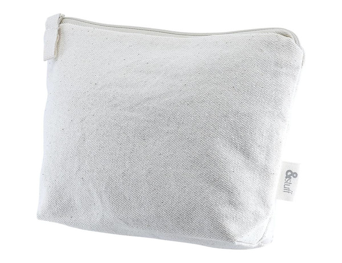 A cream-coloured toiletry pouch with a zip closure and a small logo on the side.