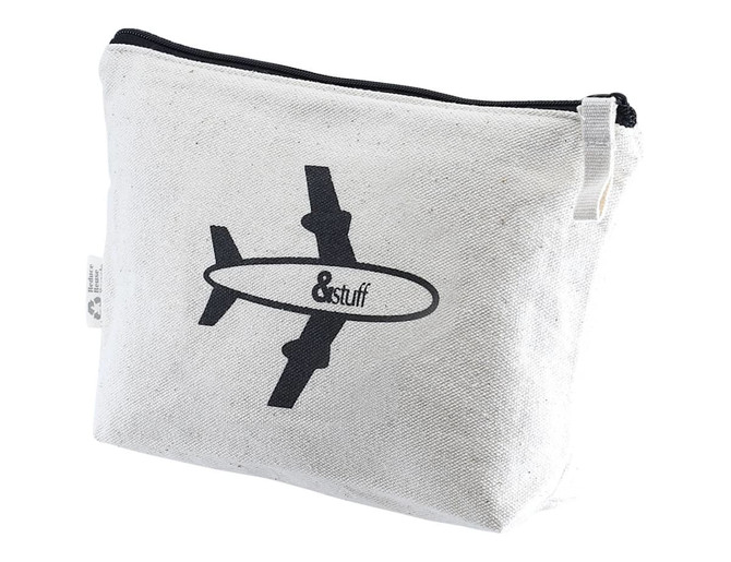 A white toiletry pouch with a zip closure and black logo design. Ideal for travel organisation.