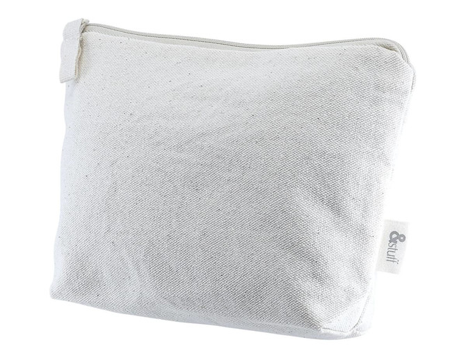 A white fabric travel pouch with a zip closure and a small logo tag. Compact size for toiletries or accessories.