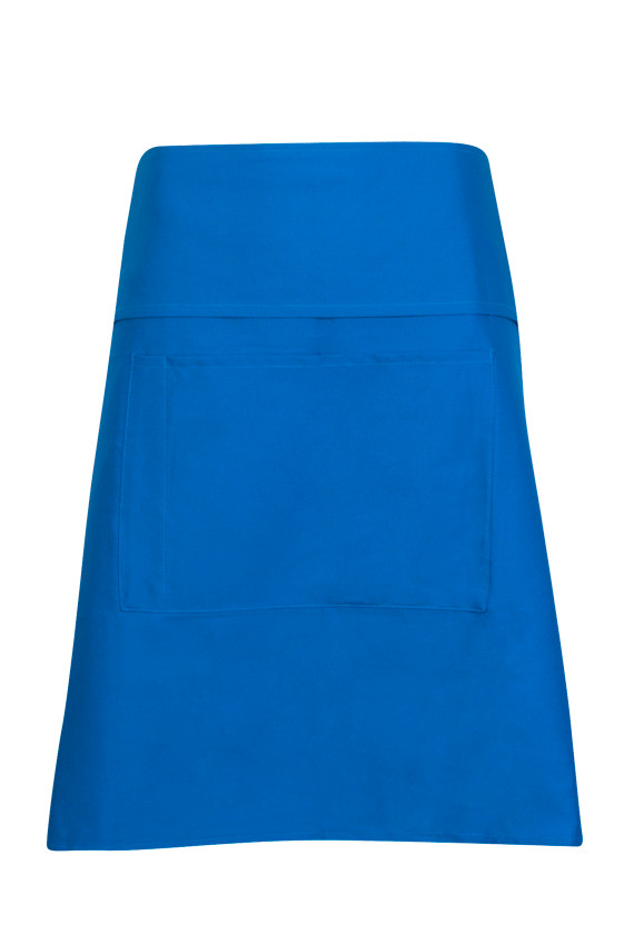 A short waist apron made of 100% cotton canvas in azure, featuring a front pocket and a simple design.