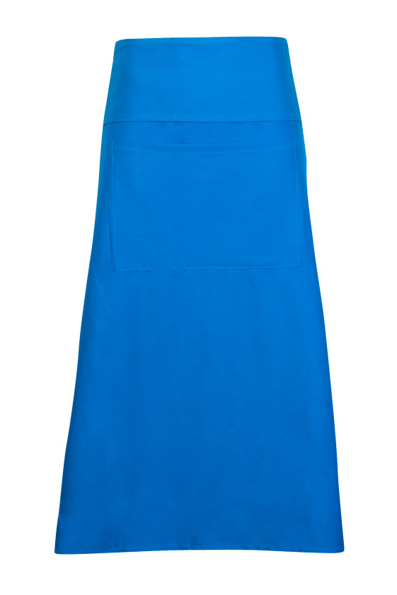 A long azure apron made of 100% cotton canvas with a front pocket and a plain design.