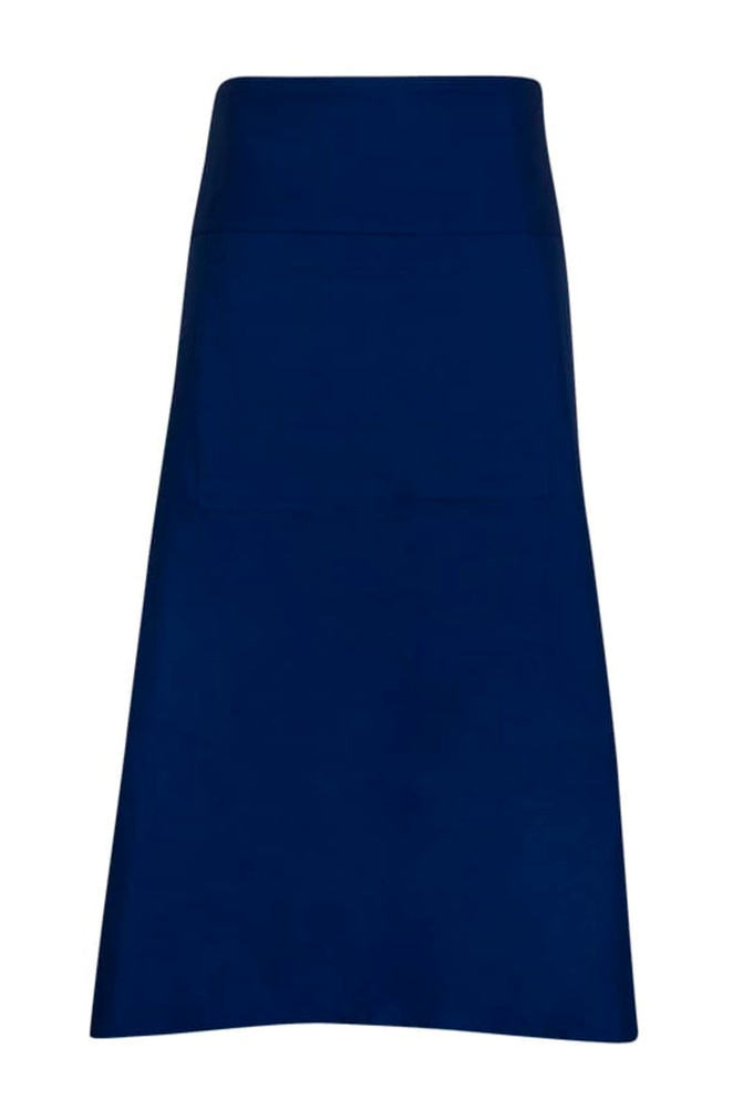 A long waist apron in navy blue made from 100% cotton canvas, featuring a front pocket and a logo.