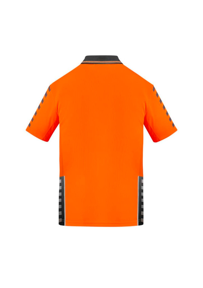 An orange short sleeve polo shirt with a logo, featuring black detailing on the shoulders and sides.