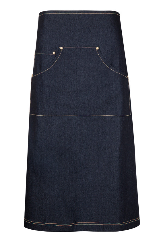 A denim apron in black with pockets, worn by a person in a black t-shirt and black pants.