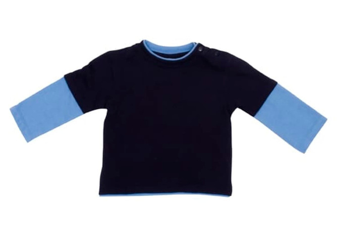 A Kid's Double Sleeve T-shirt in navy blue with light blue long sleeves, featuring a shoulder snap button and a logo.
