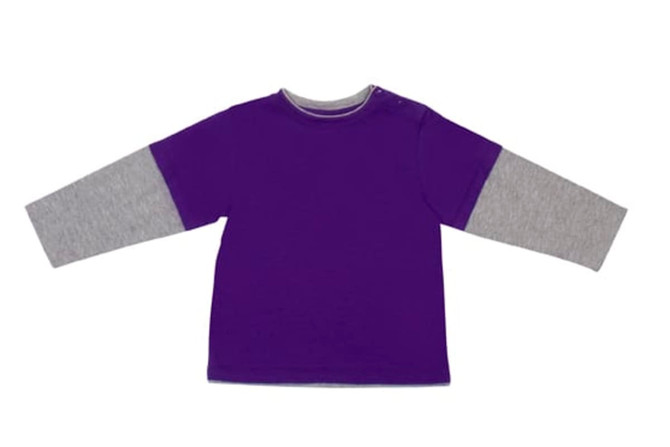 A purple T-shirt with grey long sleeves and a button detail on the shoulder. It has a logo on the front.