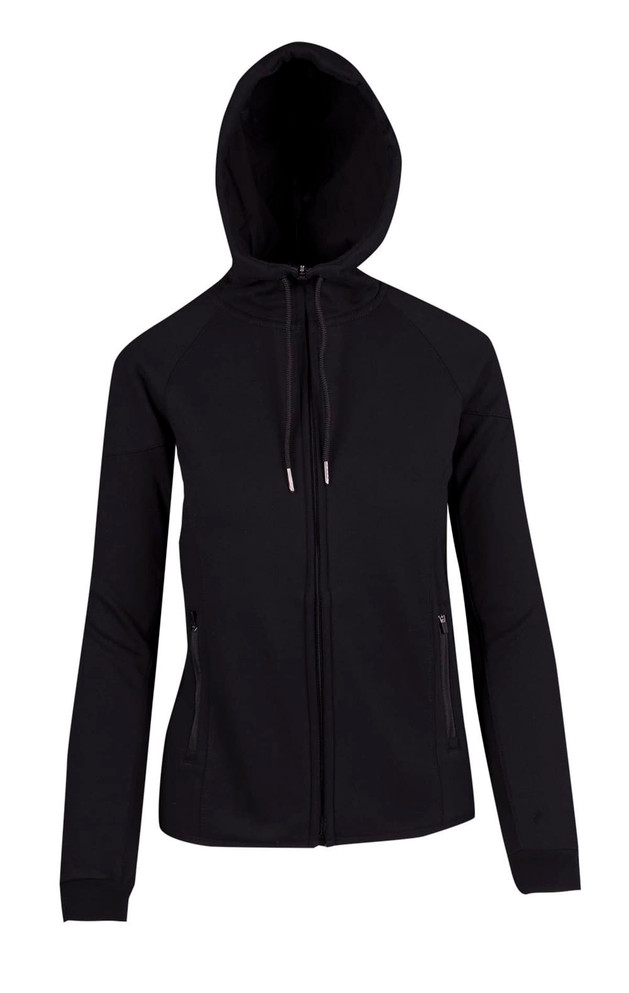 A black hoodie made from soft cotton and bonded polar fleece, featuring a zip closure and a hood.
