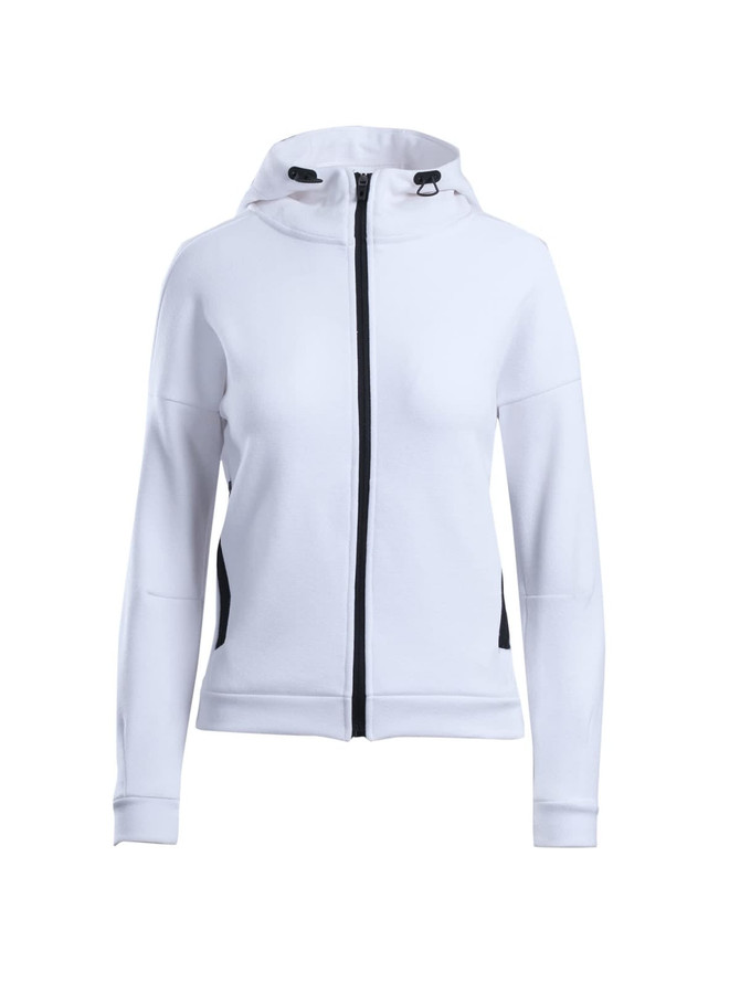 A women's/juniors' hoodie in white with black accents and a zip-up front, featuring a hood and a logo.