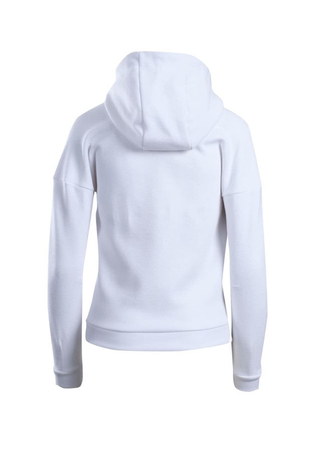 A white women's/juniors' hoodie with a spacious hood and long sleeves, featuring a simple and clean design.