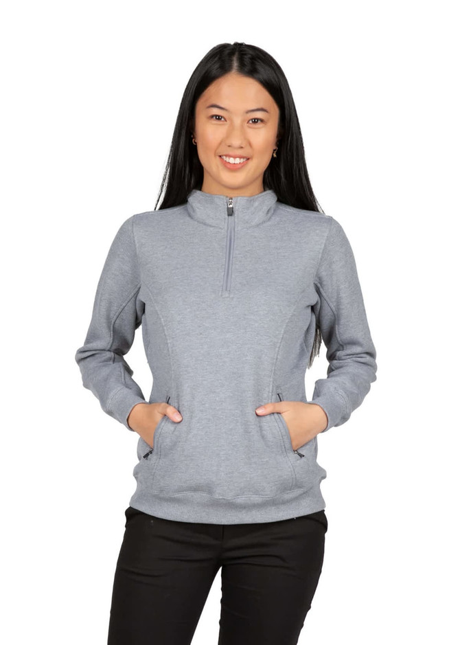 A women's grey half zip fleece jumper with side pockets, featuring a fitted design and a collar. It has a logo.