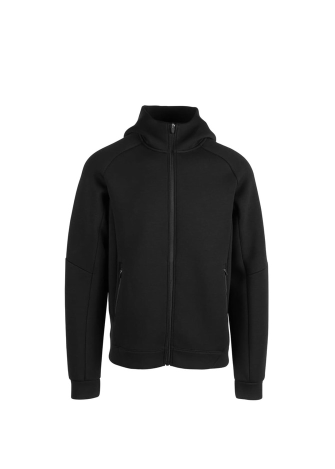 A black zip-up hoodie with a high collar and side pockets, featuring a logo on the chest area.