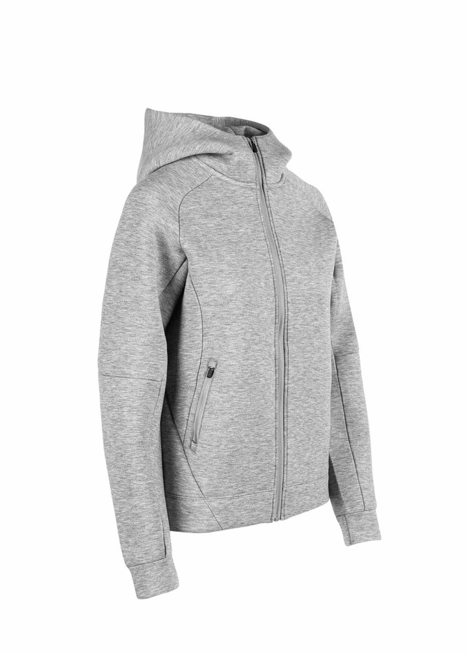 A grey hoodie with a zip front and hood, featuring side pockets and a logo.