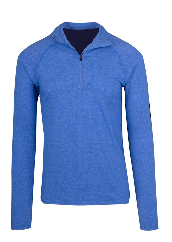 A blue half zip mock neck jumper with long sleeves and a subtle branding logo.