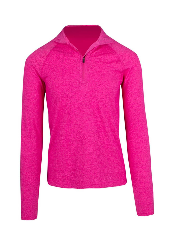 A pink half zip mock neck jumper with long sleeves and a subtle texture. It features a logo on the chest.