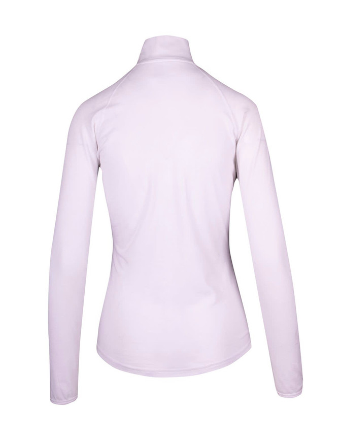 A white half-zip mock neck shirt with long sleeves and a fitted design, featuring a logo.