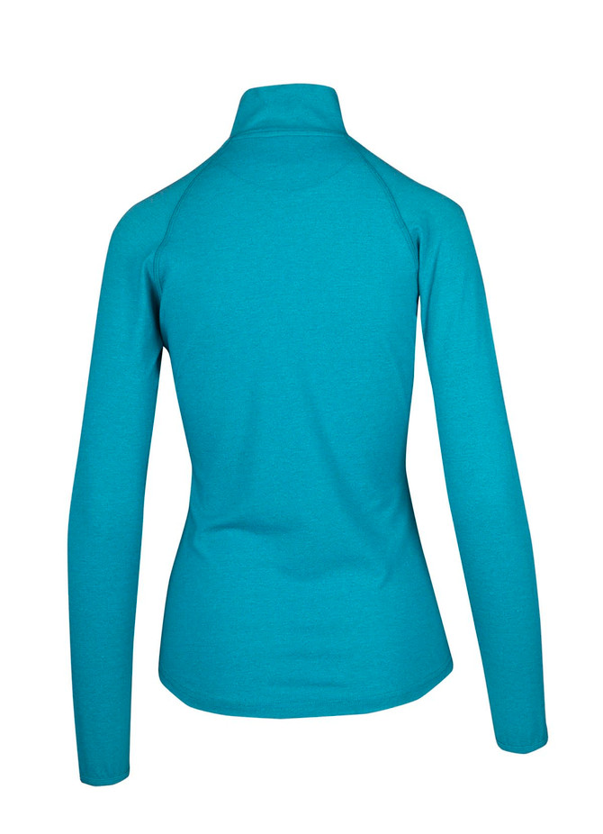 A turquoise long-sleeve half zip mock neck shirt with a fitted design and no visible logos.