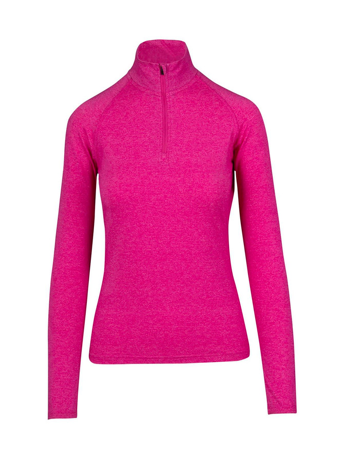 A pink long-sleeve half-zip mock neck shirt with a fitted silhouette and a subtle texture. It features a branding logo.