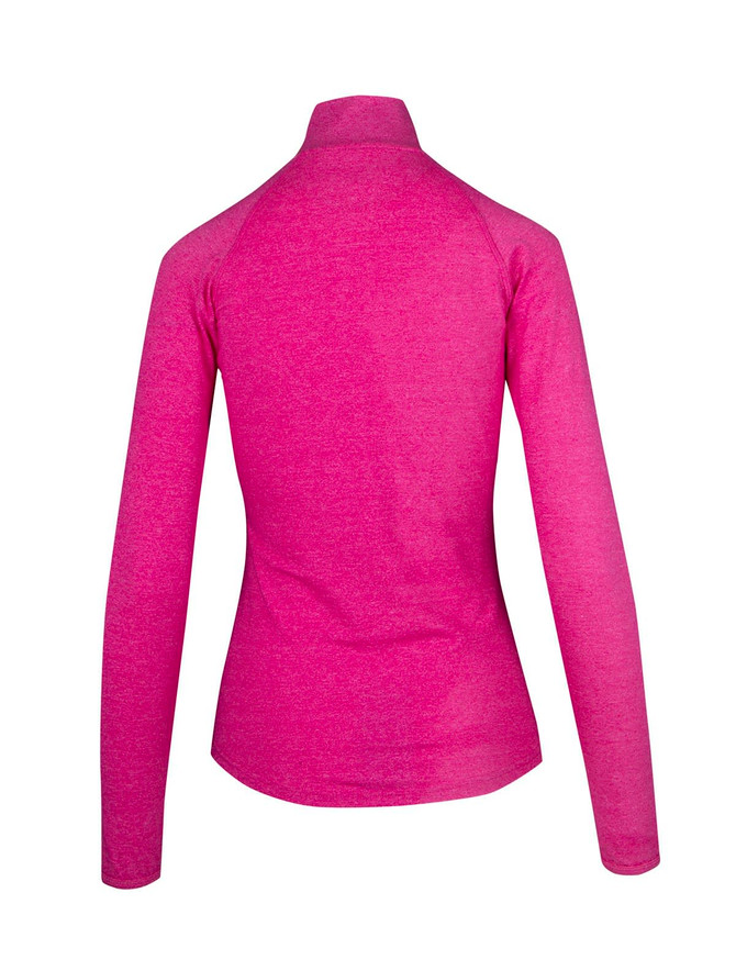 A women's half zip mock neck shirt in a vibrant pink colour, featuring long sleeves and a fitted design.