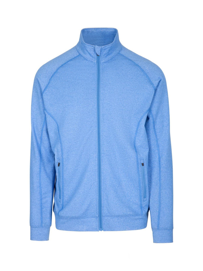 A blue heather jacket with a zip front, featuring a stand-up collar and side pockets, includes a logo.
