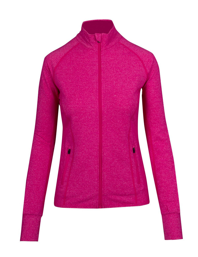 A pink heather jacket featuring a zip front, long sleeves, and side pockets. It has a branding logo.