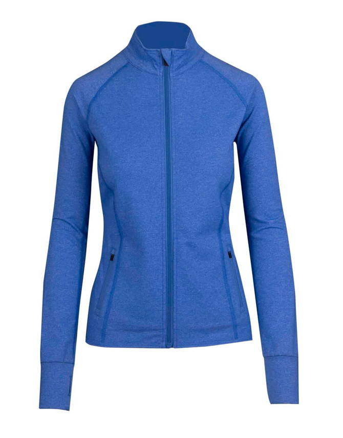 A blue heather jacket with a zippered front and a slim fit, featuring a logo on the left side.