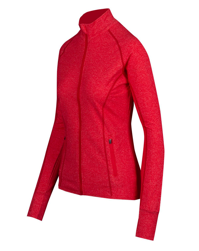 A red women's jacket with a zip front and long sleeves, featuring a fitted design and pockets.