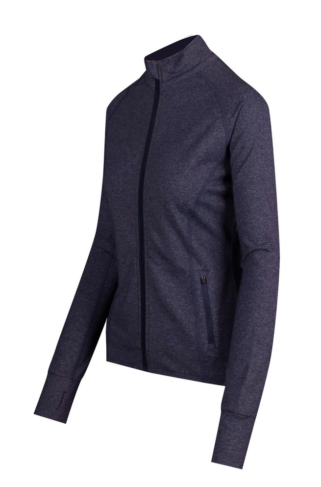 A women's heather jacket in dark navy with a zip front and side pockets. Features a logo on the design.