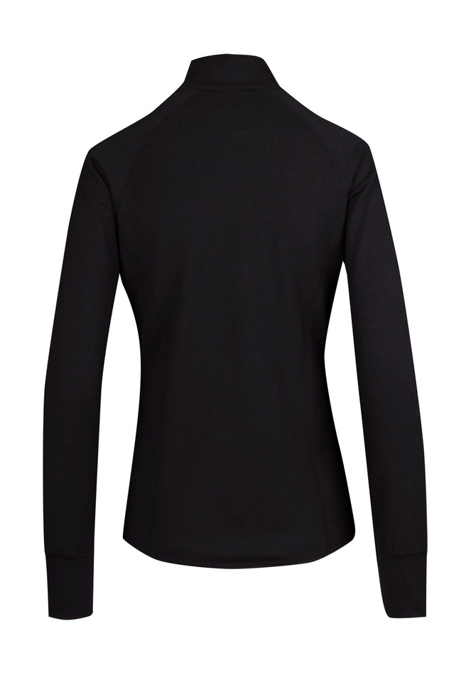 A black jacket with a high collar and long sleeves, featuring a smooth back design and branding on the collar.