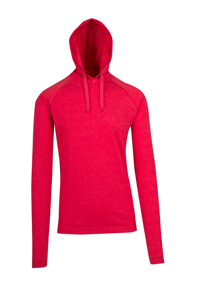 A red unisex hoodie with a drawstring hood and long sleeves, featuring a logo on the front.