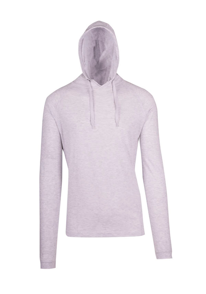 A light grey unisex hoodie with a drawstring hood and long sleeves, featuring a logo on the front.