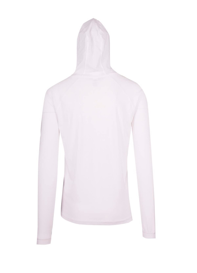 A white unisex FUSION T-shirt hoodie featuring a full hood and long sleeves, with a logo on the sleeve.