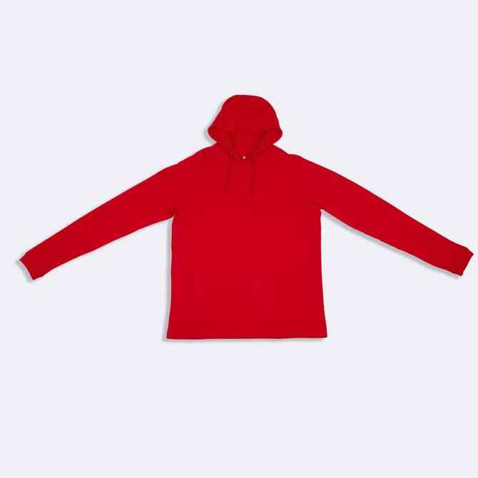 A red unisex hoodie with a hood and long sleeves, featuring a logo.