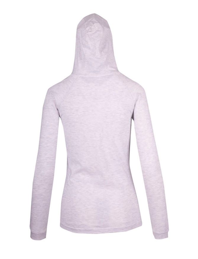 A light grey women's fusion T-shirt hoodie with a fitted design and a hood, featuring a branding logo.
