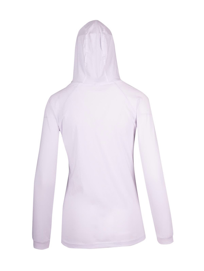 A white women's fusion T-shirt hoodie featuring a hood and long sleeves, displayed from the back.