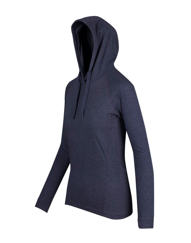 A women's fusion hoodie in navy blue with a front pocket and adjustable drawstring hood. Features a logo on the side.