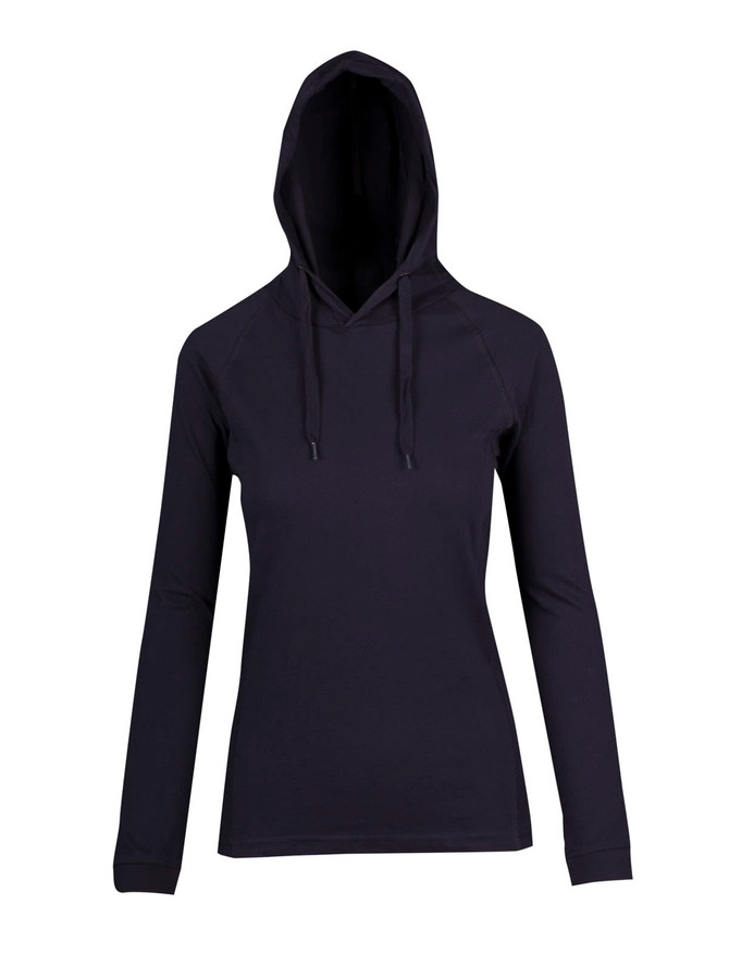 A women's fusion T-shirt hoodie in black with a hood and long sleeves. Features a simple design and has a logo.