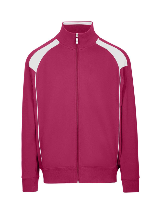 A men's unbrushed track jacket in burgundy with white contrast accents and a zip front. It includes a logo.