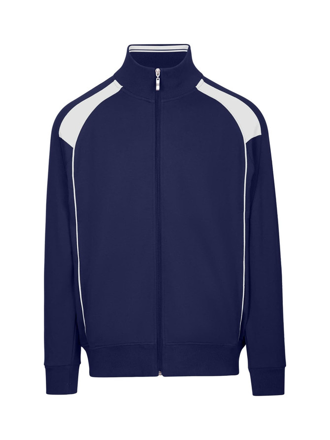 A men's unbrushed contrast track jacket in navy blue with white detailing and a zippered front. Features a branding logo.