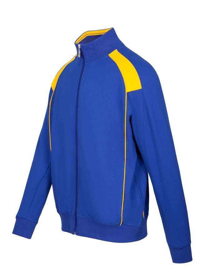 A blue track jacket with yellow contrast detailing and a zip front. It features a logo on the chest.